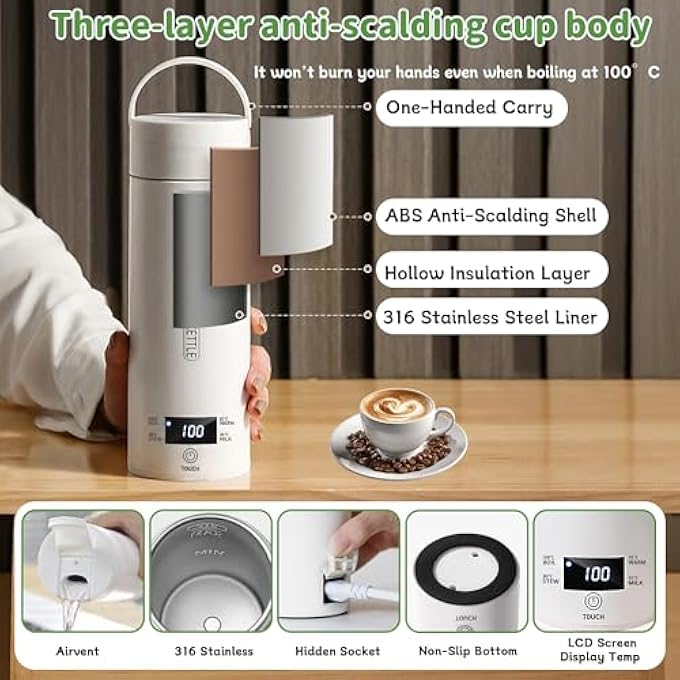 بمعنى سحر بمعنى حديقة غلاية كهربائية محمولة للسفر، غلاية مياه كهربائية بسعة 500 مل مع 4 إعدادات مسبقة متغيرة، غلاية مياه سفر من الفولاذ المقاوم للصدأ 316، إيقاف تشغيل تلقائي، حماية من الغليان لصنع ماء الشاي - Image 3