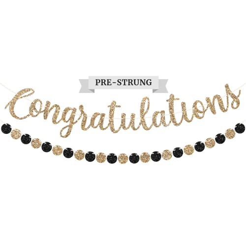 Perfect Occasion Pre-strung Congratulations Banner - No DIY - Gold Glitter Congratulation Banner - Pre-strung Garland on 6 ft Strand - Graduation, Wedding, Retirement Party Decorations & Decor. Did We Mention No DIY - Image 1