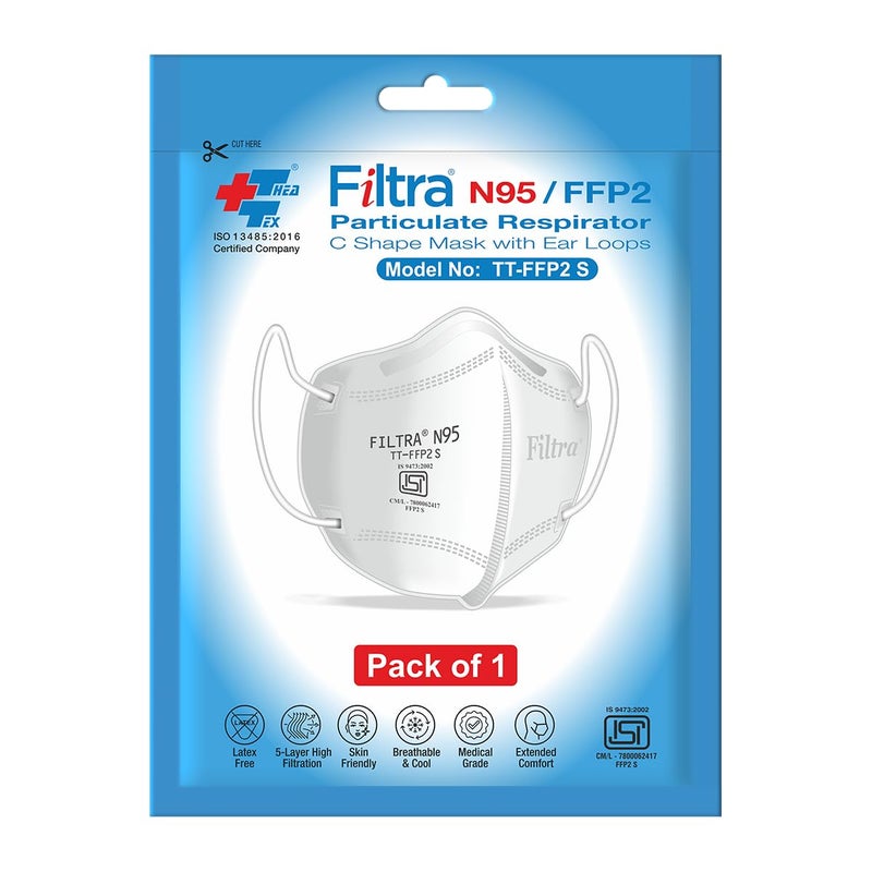 Filtra ® N95 Mask with Ear Loops | FFP2 Mask with Ear Loops | BIS Certified | 5 Layer N95 Mask | Thick Ear Loops | High Filtration | (10 Single Packs) - Image 1