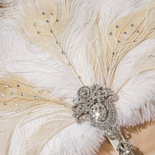 BABEYOND Vintage Bridal Feather Bouquet 1920s Ostrich Feather Fan Crystal Bridesmaid Bouquet 20s Gatsby Wedding Bouquet Flapper Accessories (White) - Image 4
