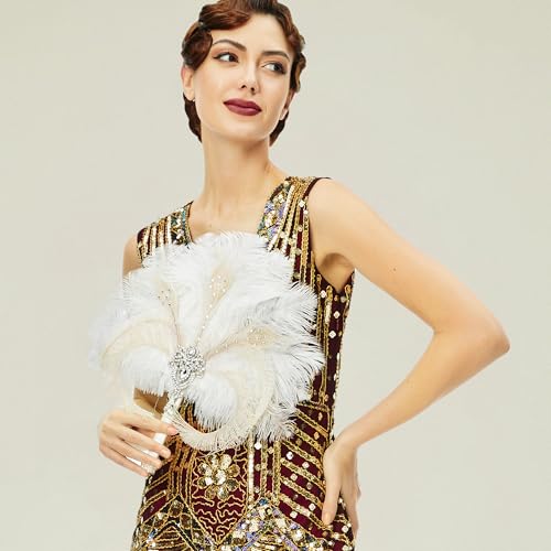 BABEYOND Vintage Bridal Feather Bouquet 1920s Ostrich Feather Fan Crystal Bridesmaid Bouquet 20s Gatsby Wedding Bouquet Flapper Accessories (White) - Image 3