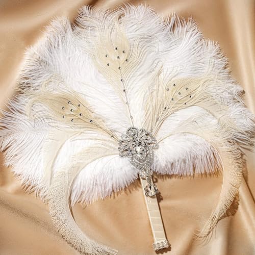 BABEYOND Vintage Bridal Feather Bouquet 1920s Ostrich Feather Fan Crystal Bridesmaid Bouquet 20s Gatsby Wedding Bouquet Flapper Accessories (White) - Image 5