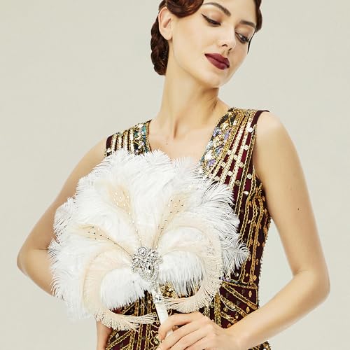 BABEYOND Vintage Bridal Feather Bouquet 1920s Ostrich Feather Fan Crystal Bridesmaid Bouquet 20s Gatsby Wedding Bouquet Flapper Accessories (White) - Image 2