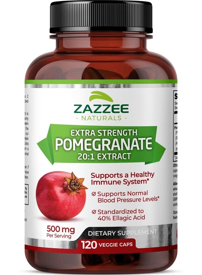 Zazzee مستخلص الرمان بقوة إضافية 20:1، 40% حمض إيلاغيك، 500 ملغ، 120 كبسولة نباتية، دعم المناعة ومضادات الأكسدة، غير معدلة وراثيًا وطبيعية بالكامل - Image 1