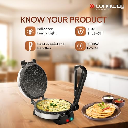Longway Multi Master 1000W Electric Roti Maker | 8.5-Inch Non-Stick Plates, Durable Grip Handle | Roti, Chapati, Paratha, Dosa, Tortilla, Omelette & Chilla Maker (Silver) - Image 3