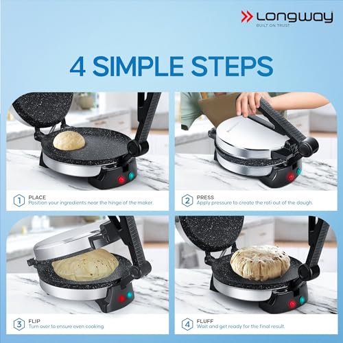 Longway Multi Master 1000W Electric Roti Maker | 8.5-Inch Non-Stick Plates, Durable Grip Handle | Roti, Chapati, Paratha, Dosa, Tortilla, Omelette & Chilla Maker (Silver) - Image 5
