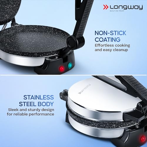 Longway Multi Master 1000W Electric Roti Maker | 8.5-Inch Non-Stick Plates, Durable Grip Handle | Roti, Chapati, Paratha, Dosa, Tortilla, Omelette & Chilla Maker (Silver) - Image 4