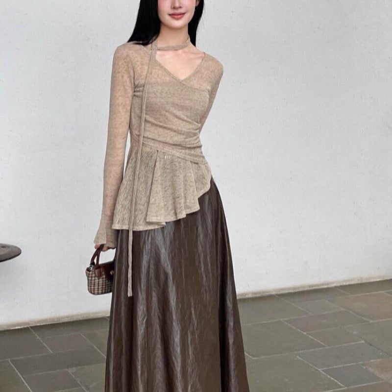 2024 Early Autumn New Korean Style Horn Sleeve T-Shirt Women'S Cross V-Neck Strap Irregular Hem Slim Long Sleeve T-Shirt - Image 3