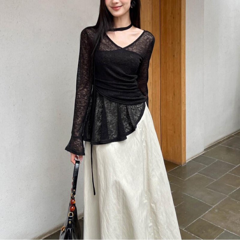 2024 Early Autumn New Korean Style Horn Sleeve T-Shirt Women'S Cross V-Neck Strap Irregular Hem Slim Long Sleeve T-Shirt - Image 4