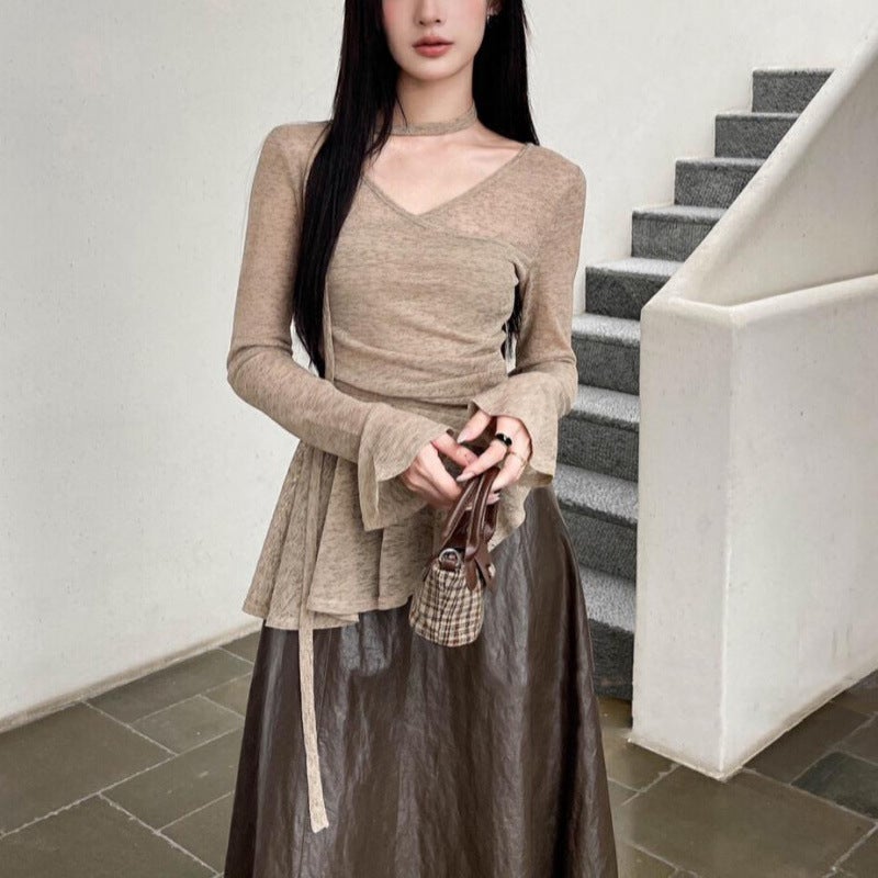 2024 Early Autumn New Korean Style Horn Sleeve T-Shirt Women'S Cross V-Neck Strap Irregular Hem Slim Long Sleeve T-Shirt - Image 2