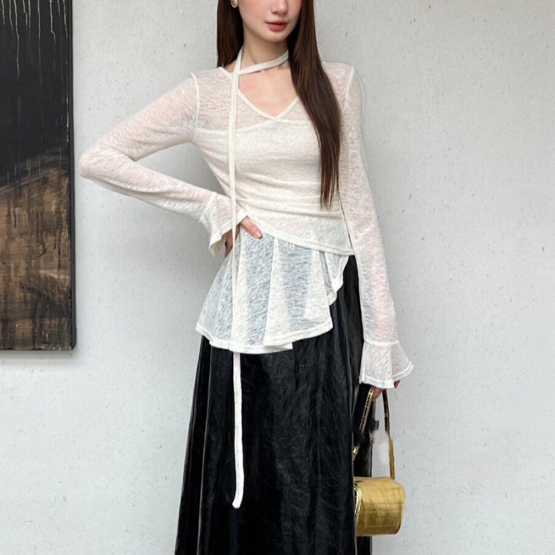 2024 Early Autumn New Korean Style Horn Sleeve T-Shirt Women'S Cross V-Neck Strap Irregular Hem Slim Long Sleeve T-Shirt - Image 5