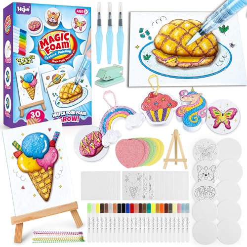 HEJIN 70PCS Magic Foam Texture Painting Kit Magic Puffy Paint Kit with 30 Foam Texture Paper 24 Colors Acrylic Paint Markers Hole Punch Mini Display Stand 3D Painting Craft Gift for Birthday Christmas - Image 1