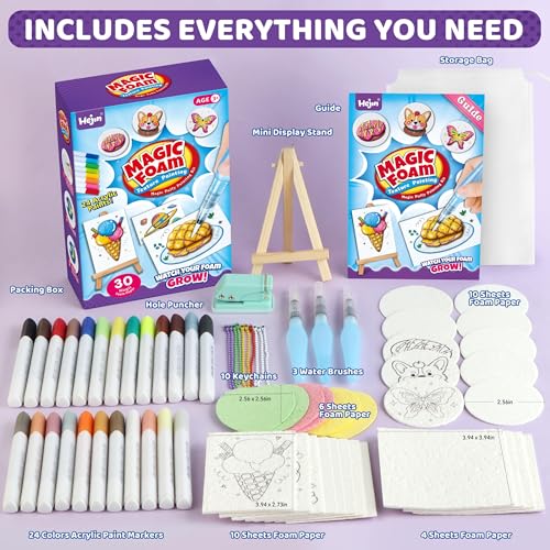HEJIN 70PCS Magic Foam Texture Painting Kit Magic Puffy Paint Kit with 30 Foam Texture Paper 24 Colors Acrylic Paint Markers Hole Punch Mini Display Stand 3D Painting Craft Gift for Birthday Christmas - Image 3