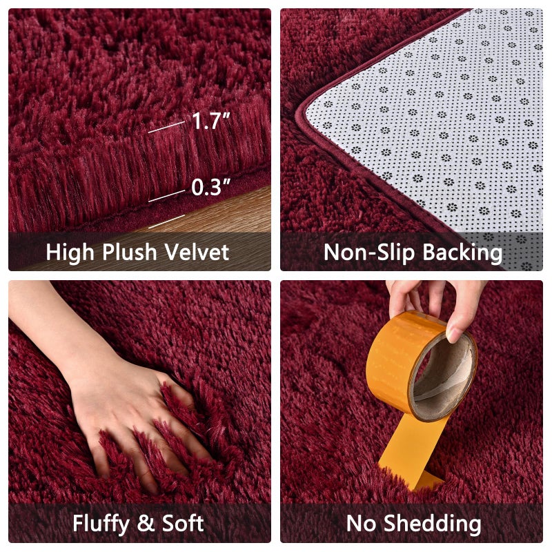 FALARK Soft Area Rugs for Bedroom  3x5 ft Wine Red Fluffy Rug Carpets for Living Room Girls Kids Room  Shaggy Fuzzy Indoor Modern Plush Rugs for Nursery Dorm Home Decor  Wine Red - Image 3