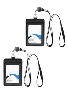 WANFAN 2 PCS Leather ID Badge Holder with Retractable Lanyard, Retractable Badge Reel Nylon Lanyard and Vertical ID Card Holder, Black  - Image 1