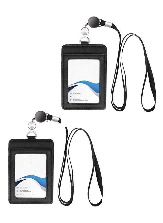 WANFAN 2 PCS Leather ID Badge Holder with Retractable Lanyard, Retractable Badge Reel Nylon Lanyard and Vertical ID Card Holder, Black  - Image 1