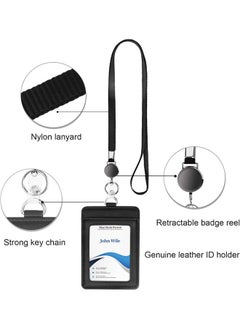 WANFAN 2 PCS Leather ID Badge Holder with Retractable Lanyard, Retractable Badge Reel Nylon Lanyard and Vertical ID Card Holder, Black  - Image 3