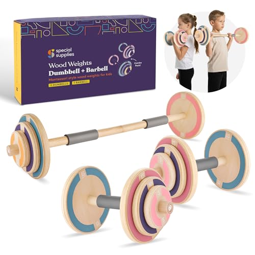 Special Supplies Kids Wooden Workout Play Weights Set - Adjustable Dumbbells and Barbell Set for Home Gym Equipment, Exercise Workout Set for Fitness Activities (Barbell + Dumbbells) - Image 1