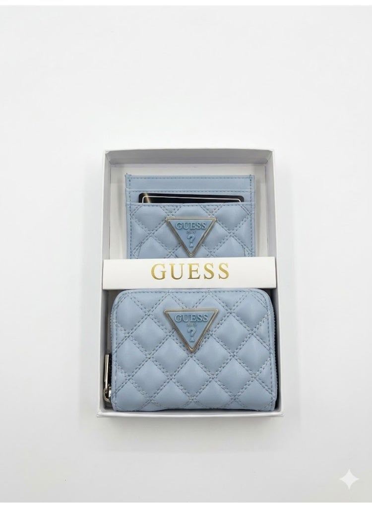 GUESS Women's 2-Piece Gift Set - Quilted Zip-Around Wallet and Card Holder - Light Blue