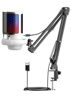 Flash Hawk FH Flash Hawk Gaming PC USB Microphone,Podcast Condenser Mic with Boom Arm,Pop Filter,Mute Button for Streaming,Online Chat, RGB Computer Mic for PS4/5 PC Gamer Youtuber (White)  - Image 1