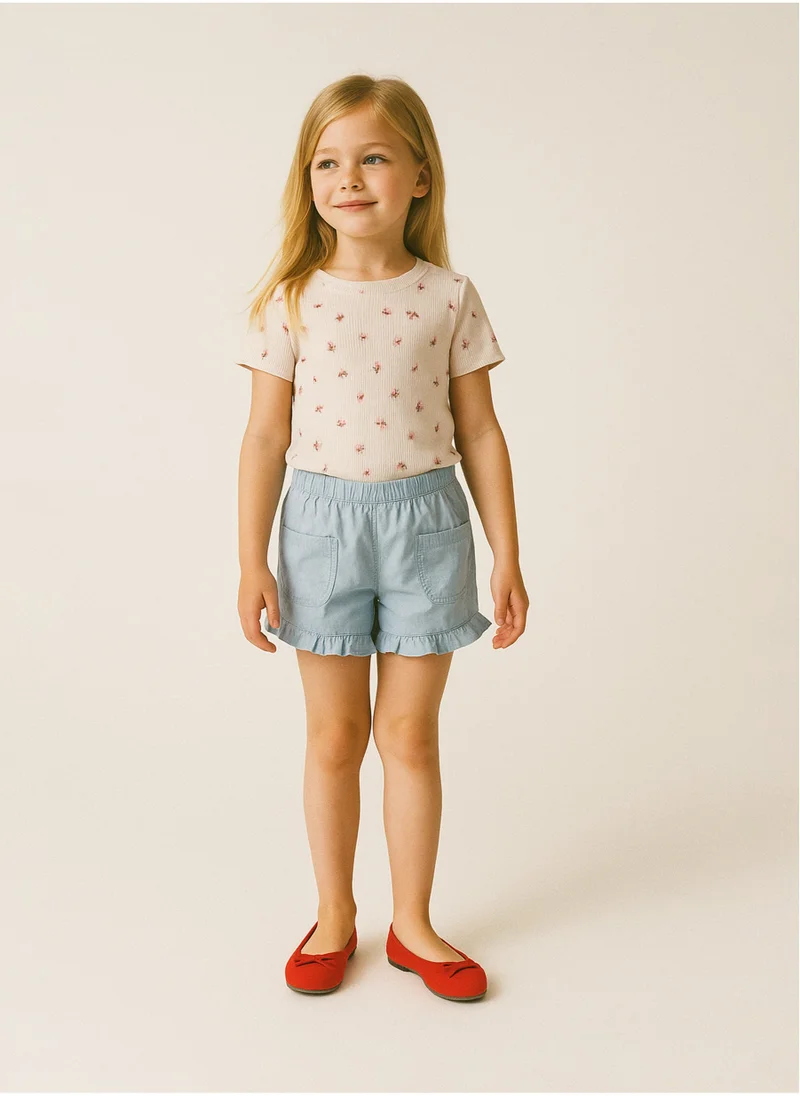 مينوتي Kids Girls Ribbed Shortsleeve T-Shirt WIth Floral Graphic