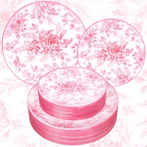 Joyido 60PCS Pink Plastic Plates - Elegant Pink Floral Plate - Heavy Duty Flower Plate Disposable Include 30 Dinner & 30 Dessert Plates for Bridal Shower Wedding Spring Party - Image 1