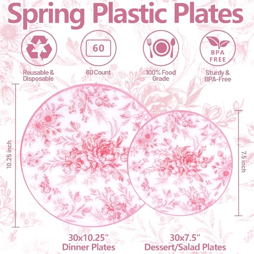 Joyido 60PCS Pink Plastic Plates - Elegant Pink Floral Plate - Heavy Duty Flower Plate Disposable Include 30 Dinner & 30 Dessert Plates for Bridal Shower Wedding Spring Party - Image 3