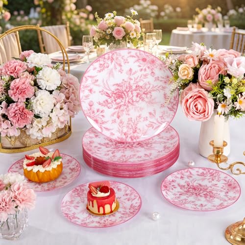 Joyido 60PCS Pink Plastic Plates - Elegant Pink Floral Plate - Heavy Duty Flower Plate Disposable Include 30 Dinner & 30 Dessert Plates for Bridal Shower Wedding Spring Party - Image 2