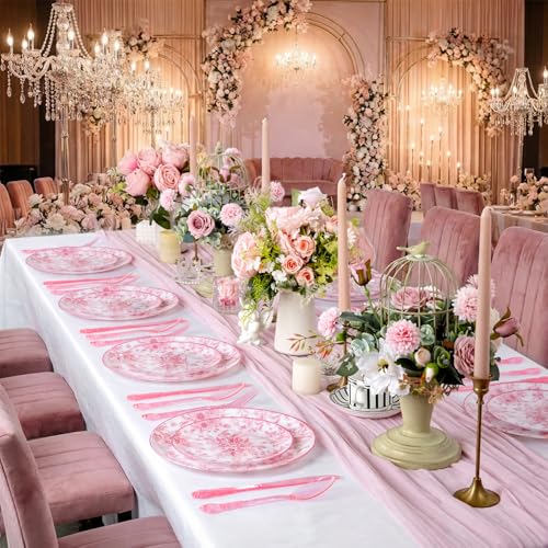 Joyido 60PCS Pink Plastic Plates - Elegant Pink Floral Plate - Heavy Duty Flower Plate Disposable Include 30 Dinner & 30 Dessert Plates for Bridal Shower Wedding Spring Party - Image 5