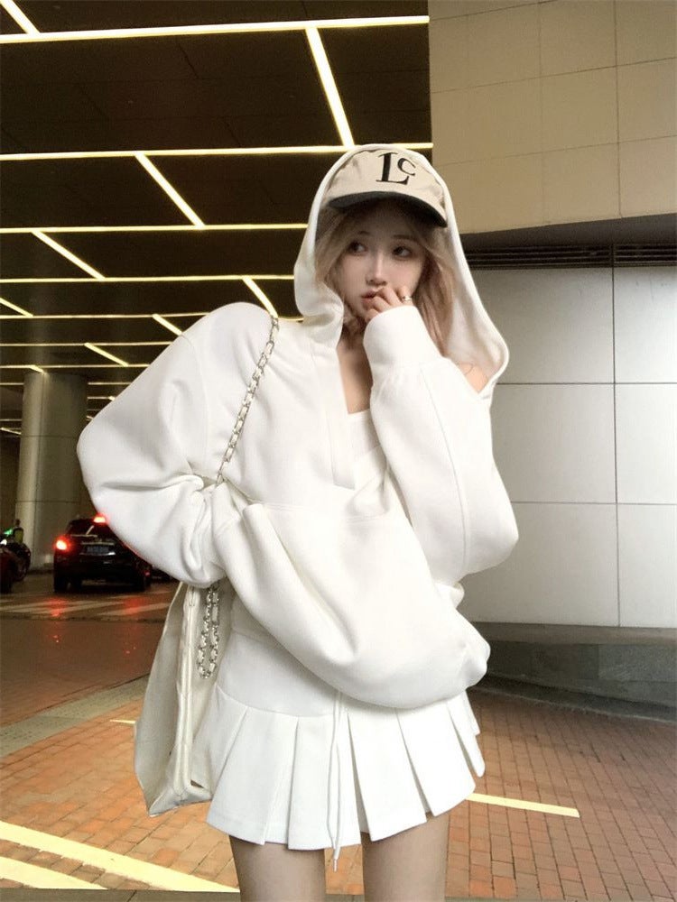 American Style Retro White Hooded Long-sleeved Sweater Coat Womens Autumn Loose Lazy Casual Pullover Hoodie Top White sweatshirt
