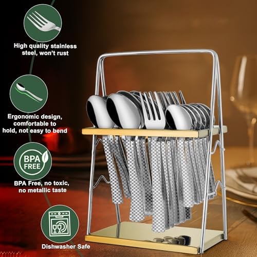 Parage 25 Pieces Regal Cutlery Set Premium Stainless Steel with Stand (Contains: 6 Table Fork, 6 Table Spoon, 6 Dinner Spoon, 6 Tea Spoon, 1 Cutlery Stand) Spoon Set for Dining Table Stylish - Image 2