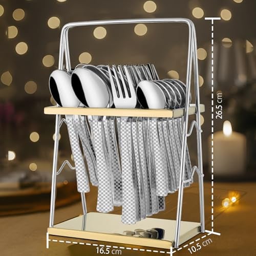 Parage 25 Pieces Regal Cutlery Set Premium Stainless Steel with Stand (Contains: 6 Table Fork, 6 Table Spoon, 6 Dinner Spoon, 6 Tea Spoon, 1 Cutlery Stand) Spoon Set for Dining Table Stylish - Image 3