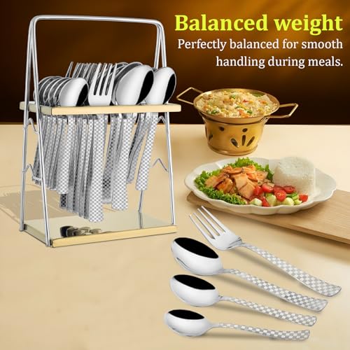 Parage 25 Pieces Regal Cutlery Set Premium Stainless Steel with Stand (Contains: 6 Table Fork, 6 Table Spoon, 6 Dinner Spoon, 6 Tea Spoon, 1 Cutlery Stand) Spoon Set for Dining Table Stylish - Image 4