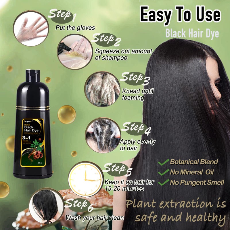 Dapoprren Black Hair Dye Shampoo 3 in 1, Natural Dye to Cover Gray Hairs,Hair Color Shampoo for Women and Men,Herbal Ingredient Shampoos for Grey Hairs Coverage-500ml/17 Oz - Image 3