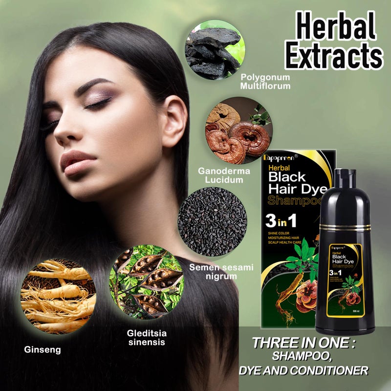 Dapoprren Black Hair Dye Shampoo 3 in 1, Natural Dye to Cover Gray Hairs,Hair Color Shampoo for Women and Men,Herbal Ingredient Shampoos for Grey Hairs Coverage-500ml/17 Oz - Image 2