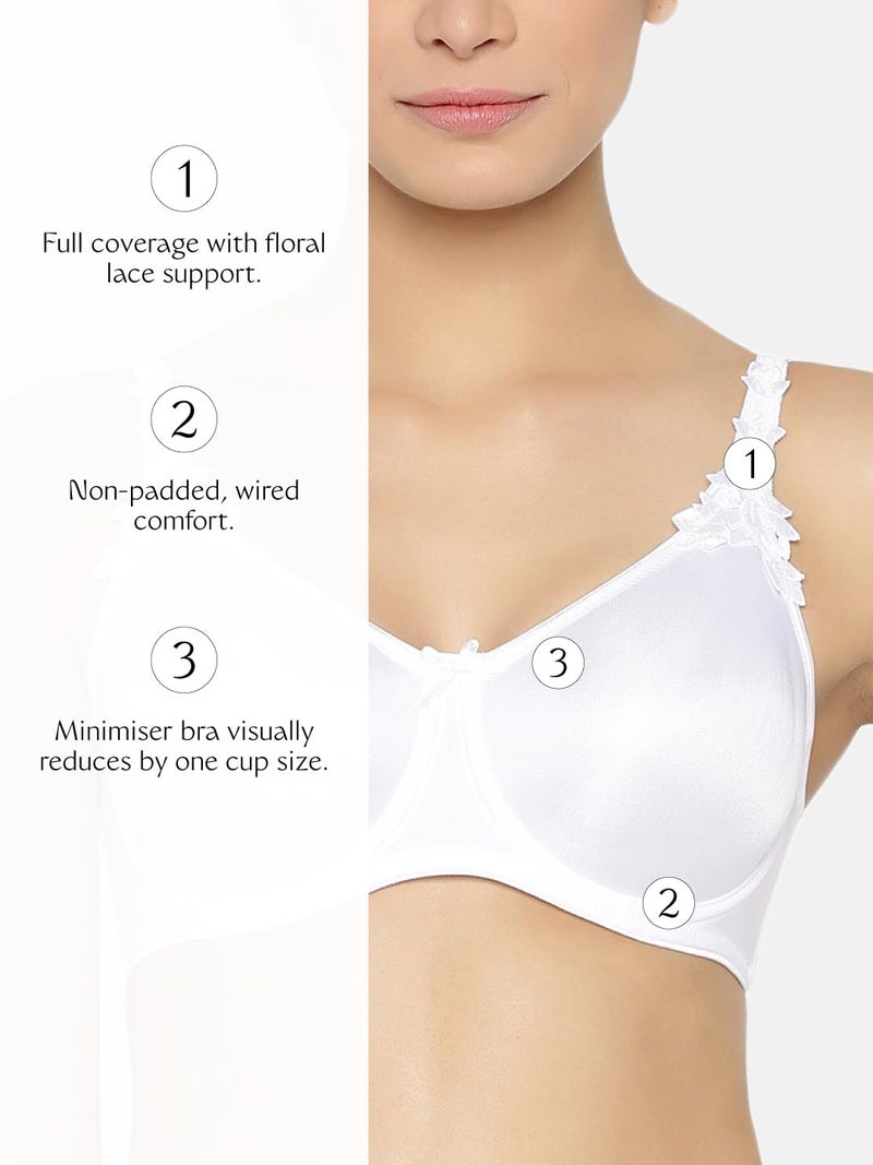Triumph Minimizer Women Bra Wired Non Padded High Support Big Cup| Visual Bust Reduction Comfort Bra Floral Lace Full Coverage Shapewear Wide Straps & U-Back Support White 36E Pack of 1 - Image 4