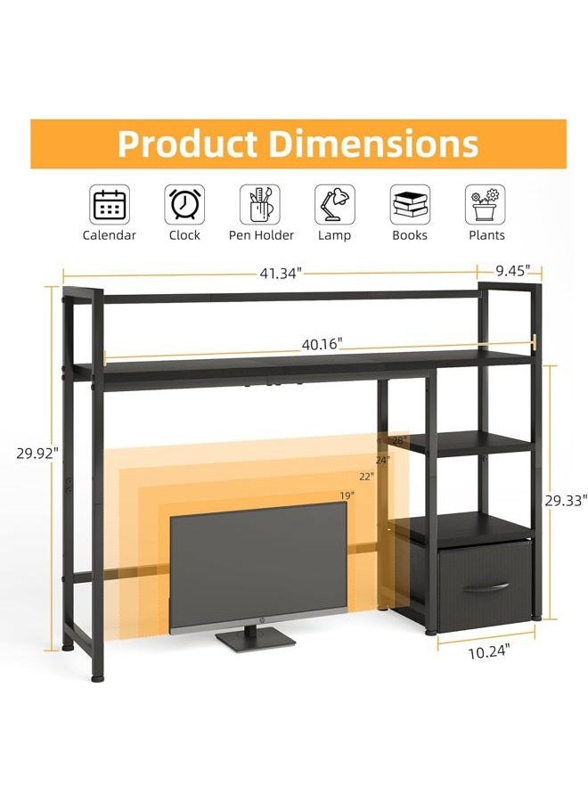 Mexin Desk Shelf with Drawer, 41.3" Desktop Organizer Shelf, Desk Hutch for Computer Monitor Max 32", 3 Tier Desktop Display Rack, Wooden Desk Top Bookshelf Storage Rack for Home Office Dorm, Black - Image 2