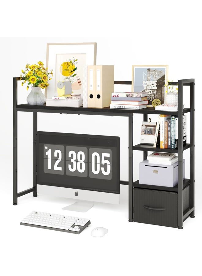 Mexin Desk Shelf with Drawer, 41.3" Desktop Organizer Shelf, Desk Hutch for Computer Monitor Max 32", 3 Tier Desktop Display Rack, Wooden Desk Top Bookshelf Storage Rack for Home Office Dorm, Black - Image 1