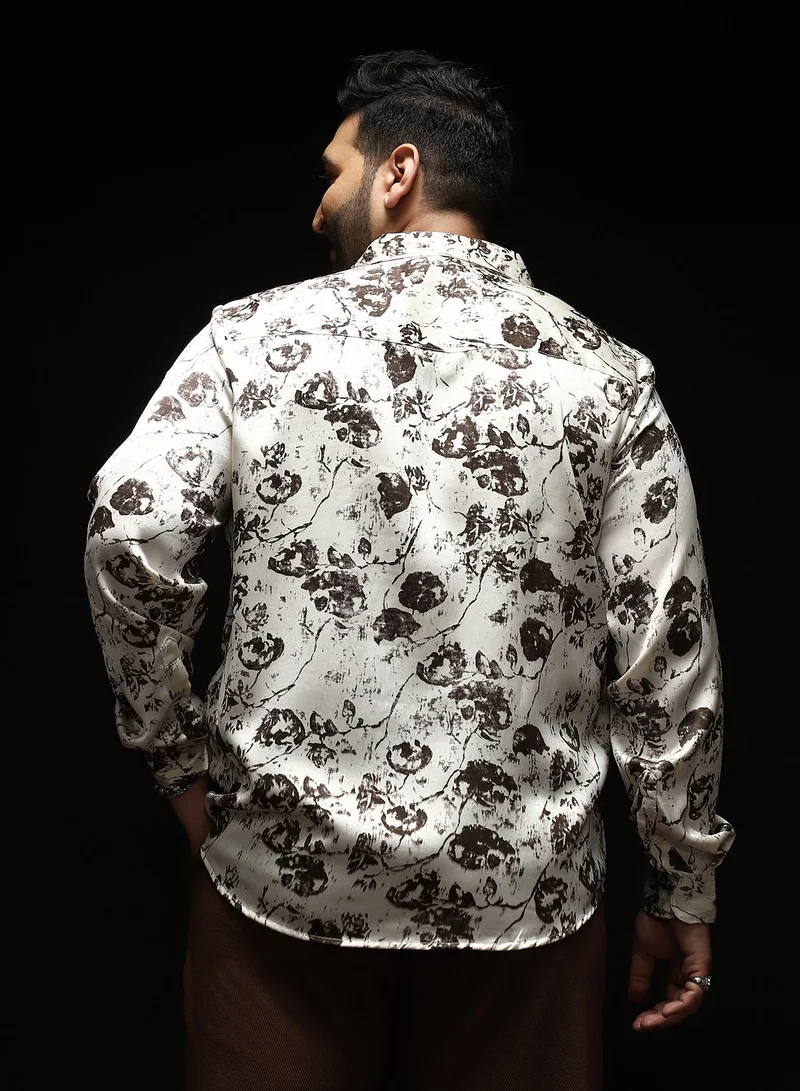 Instafab Plus  Instafab Plus Men's Cream White Faded-Flora Jacquard Shirt | Spread Collar , Long Cuffed Sleeves , Button Closure , Curved Hemline | Botanical Jacquard Cotton-Blend Material For Casual & Evening Wear for Men | Best Price UAE