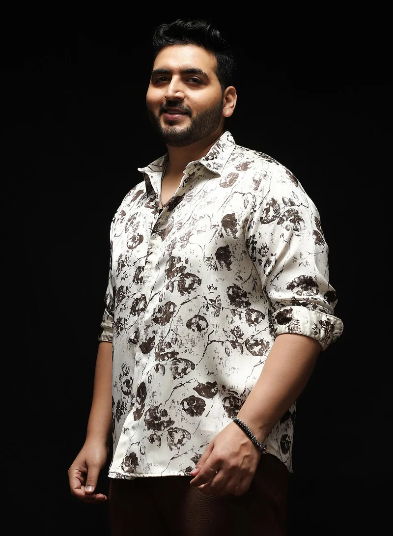 Instafab Plus  Instafab Plus Men's Cream White Faded-Flora Jacquard Shirt | Spread Collar , Long Cuffed Sleeves , Button Closure , Curved Hemline | Botanical Jacquard Cotton-Blend Material For Casual & Evening Wear for Men | Best Price UAE