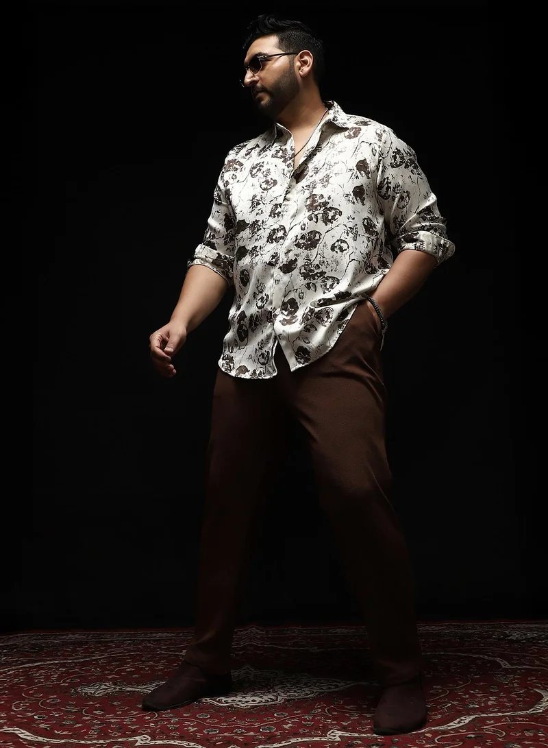Instafab Plus  Instafab Plus Men's Cream White Faded-Flora Jacquard Shirt | Spread Collar , Long Cuffed Sleeves , Button Closure , Curved Hemline | Botanical Jacquard Cotton-Blend Material For Casual & Evening Wear for Men | Best Price UAE