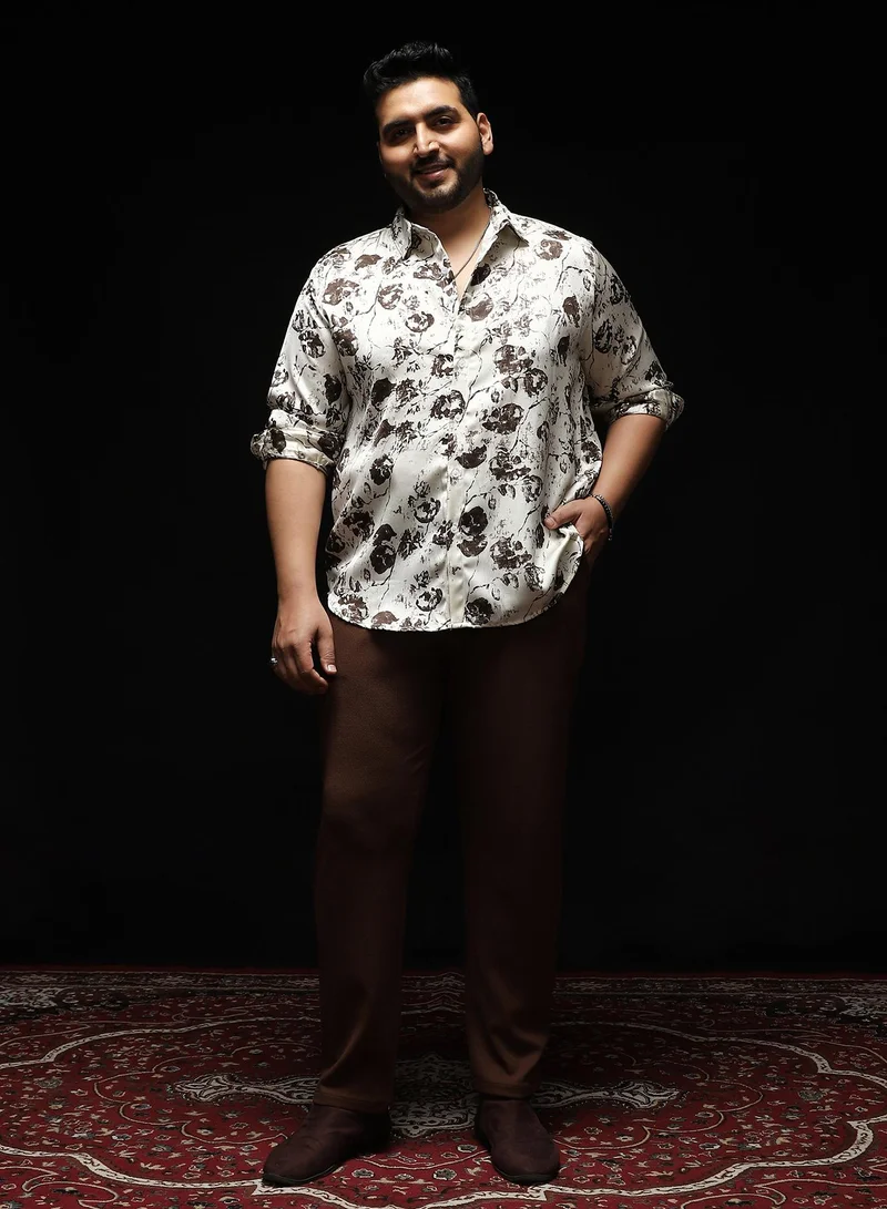 Instafab Plus  Instafab Plus Men's Cream White Faded-Flora Jacquard Shirt | Spread Collar , Long Cuffed Sleeves , Button Closure , Curved Hemline | Botanical Jacquard Cotton-Blend Material For Casual & Evening Wear for Men | Best Price UAE