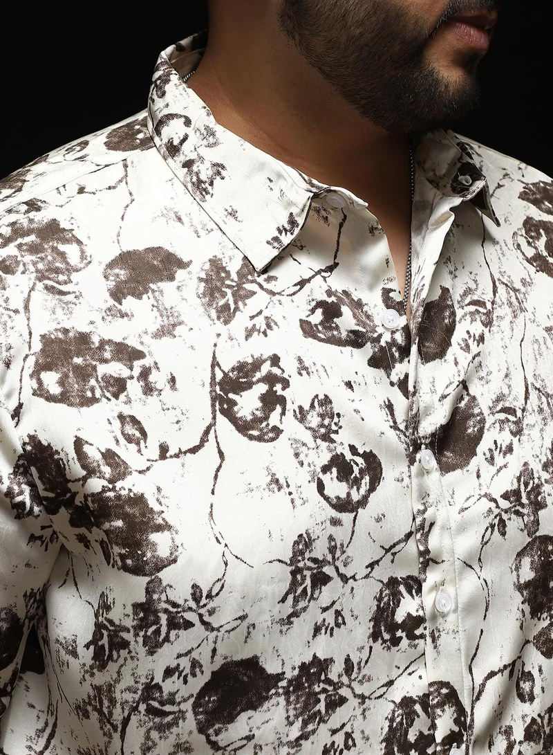 Instafab Plus  Instafab Plus Men's Cream White Faded-Flora Jacquard Shirt | Spread Collar , Long Cuffed Sleeves , Button Closure , Curved Hemline | Botanical Jacquard Cotton-Blend Material For Casual & Evening Wear for Men | Best Price UAE