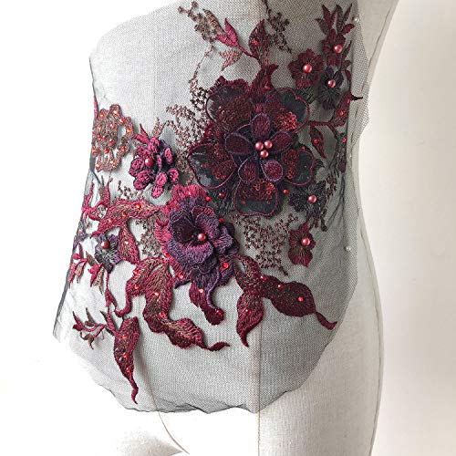 gelvs Blossom 3D Flower Applique, Beaded Sequins Flower LACE Patch Bridal Wedding Dress Embossed Beading Embroidery lace Appliques Motif Sewing Craft (Burgundy) - Image 5