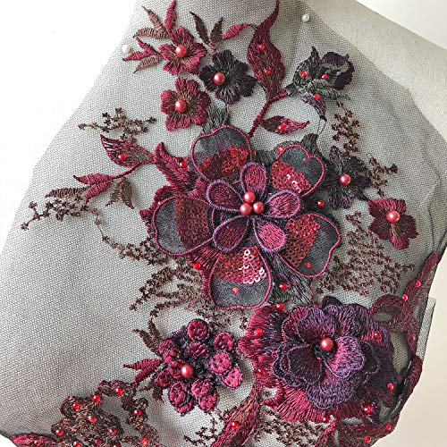 gelvs Blossom 3D Flower Applique, Beaded Sequins Flower LACE Patch Bridal Wedding Dress Embossed Beading Embroidery lace Appliques Motif Sewing Craft (Burgundy) - Image 4