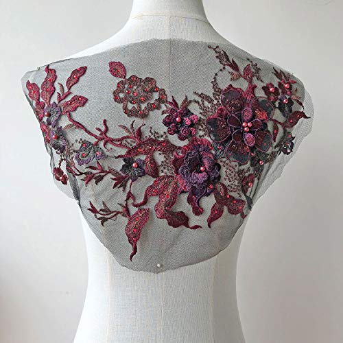 gelvs Blossom 3D Flower Applique, Beaded Sequins Flower LACE Patch Bridal Wedding Dress Embossed Beading Embroidery lace Appliques Motif Sewing Craft (Burgundy) - Image 3