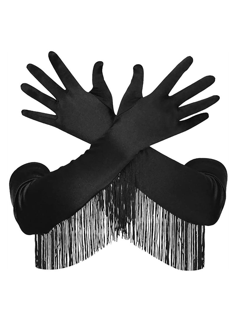 SYOSI Satin Gloves Opera Gloves, Long Evening Gloves Women 20s Vintage Tassel Elbow Glove Decorative Mitten Bridal Gloves for Latin Dance Performance Costume Party Wedding  - Image 1