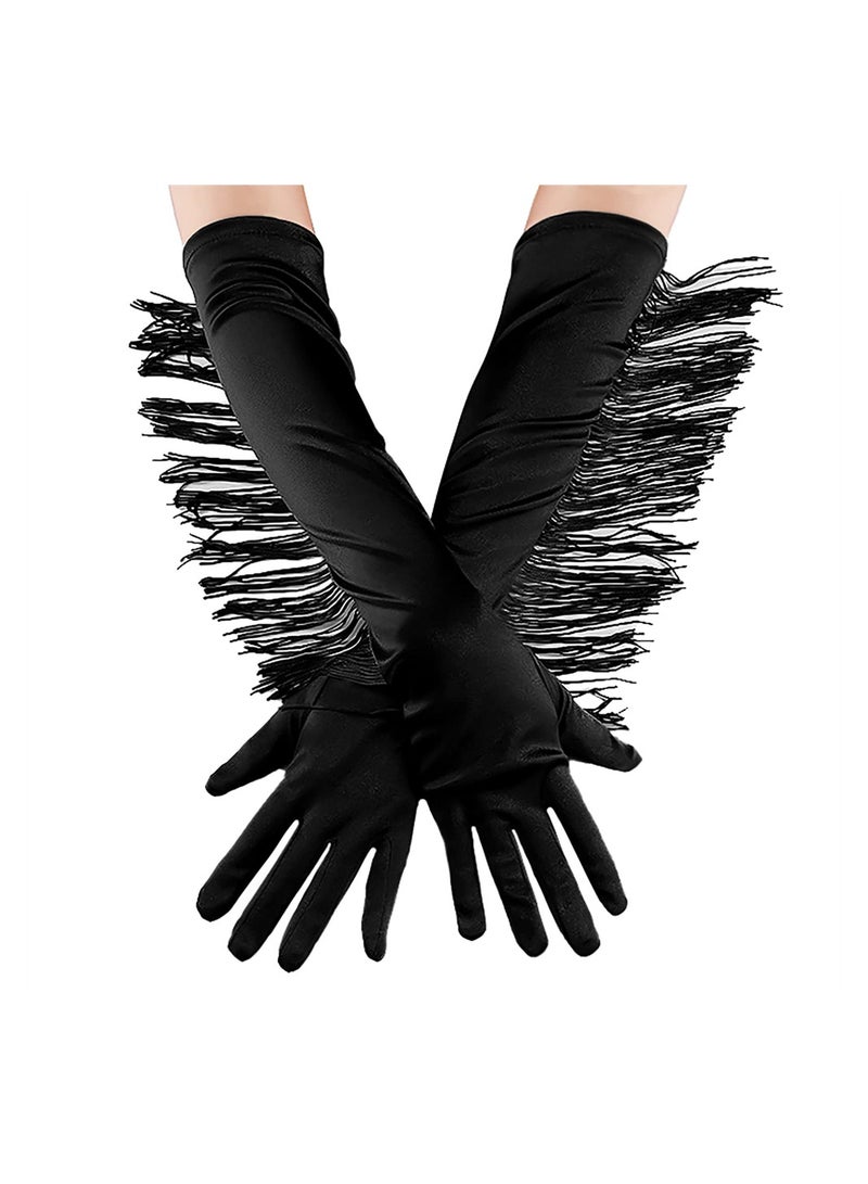 SYOSI Satin Gloves Opera Gloves, Long Evening Gloves Women 20s Vintage Tassel Elbow Glove Decorative Mitten Bridal Gloves for Latin Dance Performance Costume Party Wedding  - Image 2