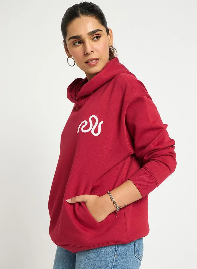 Femmella Red Oversized Fleece Graphic Hoodie
