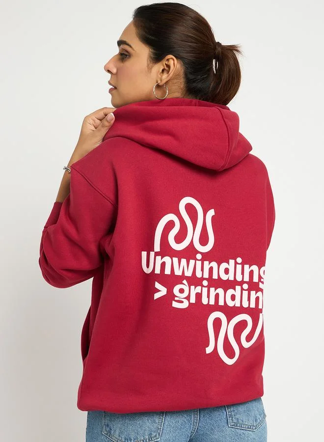 Femmella  Red Oversized Fleece Graphic Hoodie for Women | Best Price UAE